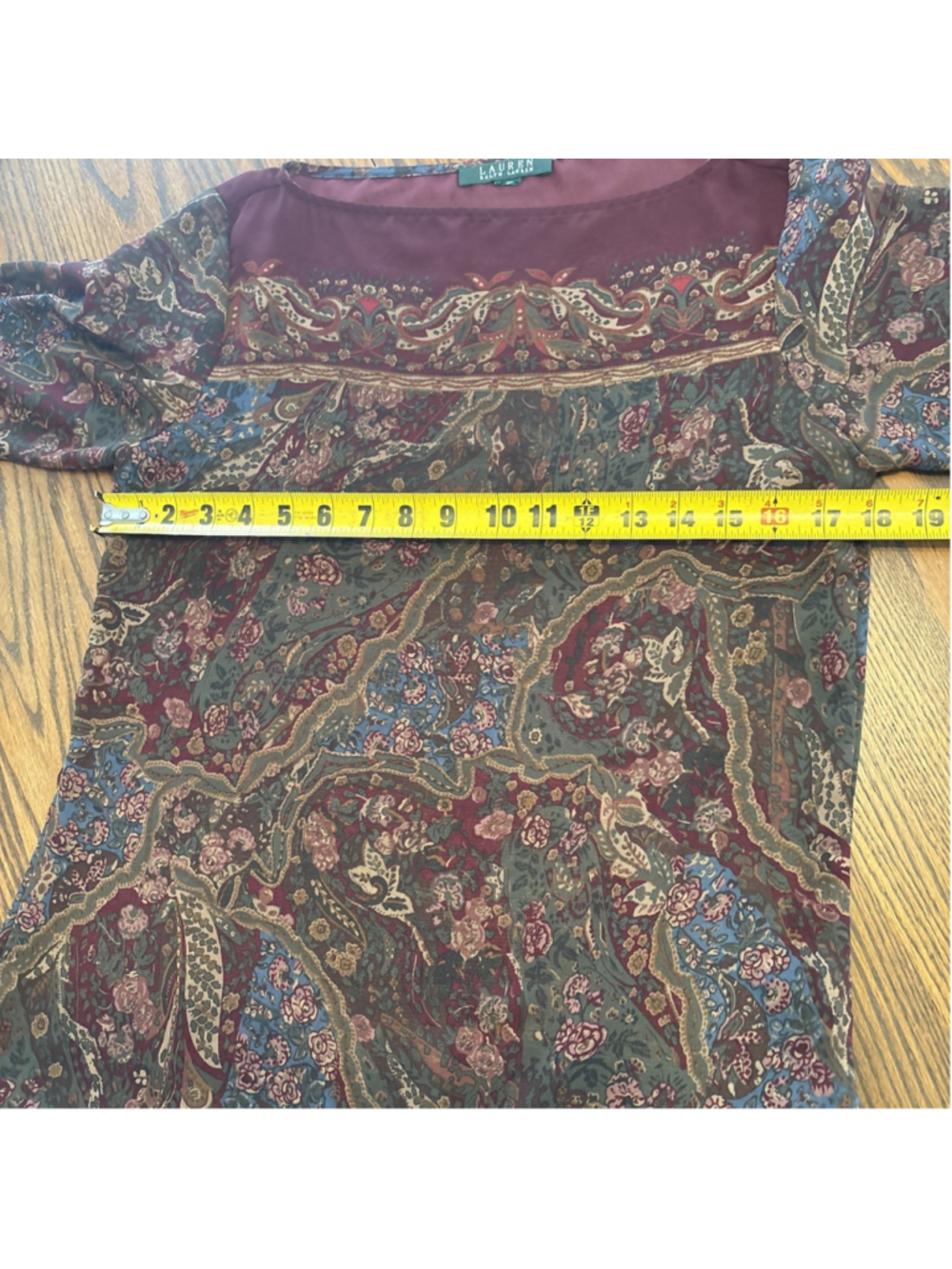 Lauren Ralph Lauren Shirt Women's M Burgundy Boat Neck Paisley Sheer Classic VTG - Picture 5 of 8